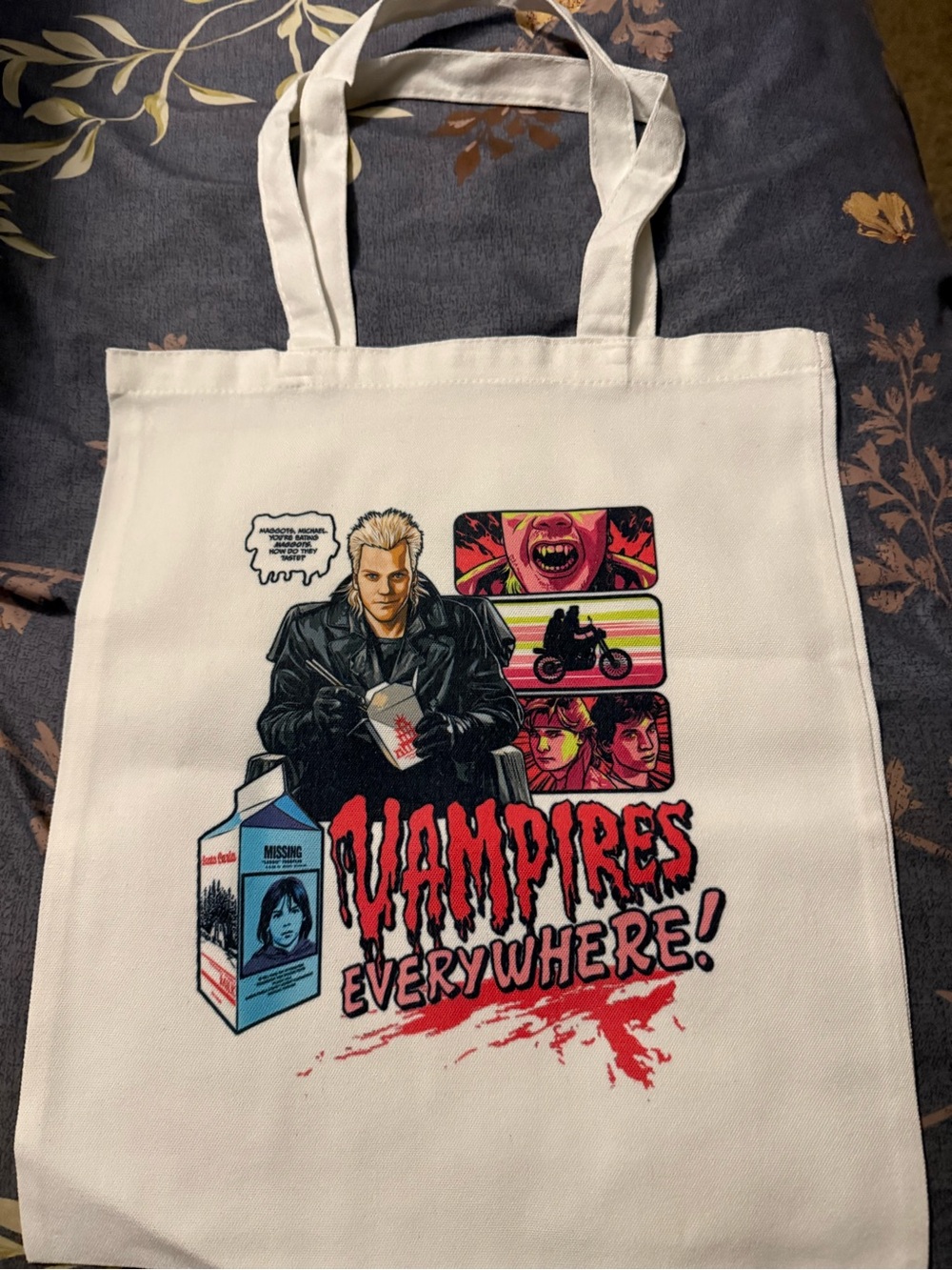 White Canvas Tote Bag with Bold Vampire Graphic